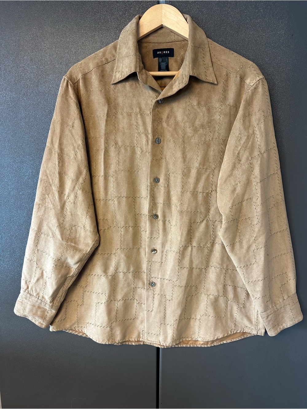 Men’s Axcess Beige Camel Faux Suede Button Down Shirt Large